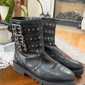 Zara Black Leather Studded Combat Boots